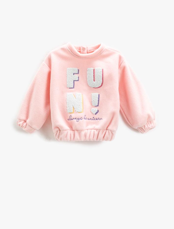 Kız Bebek Peluş Sweatshirt Bisiklet Yaka Uzun Kollu Aplike Detaylı Manşetleri ve Beli Lastikli