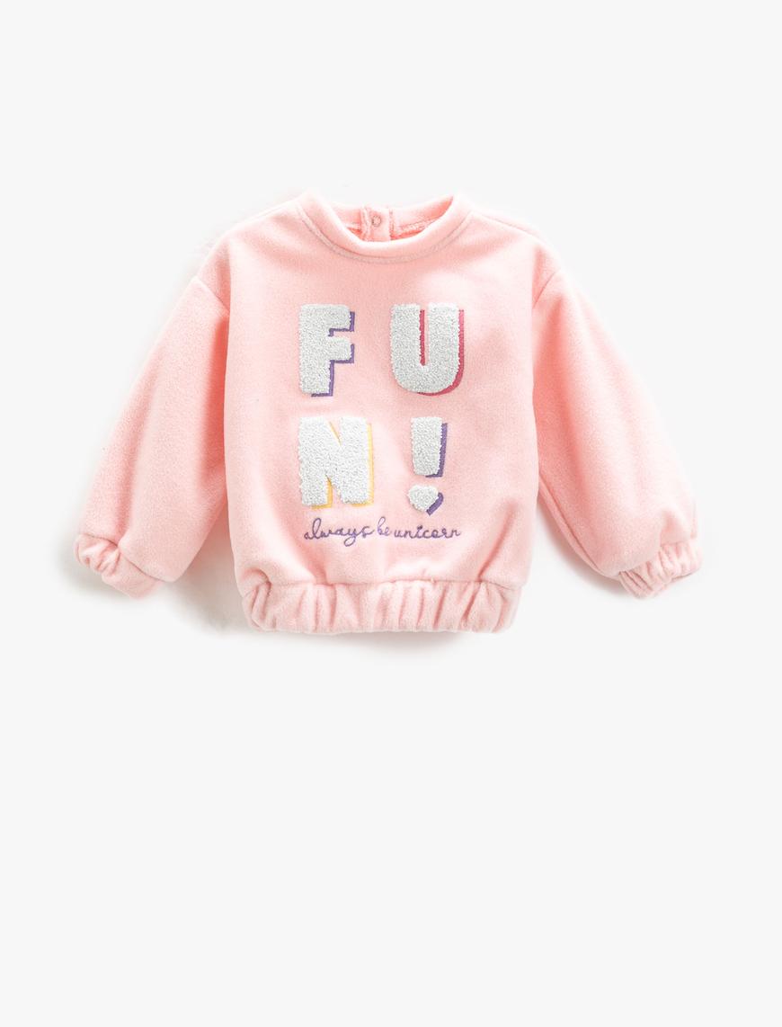  Kız Bebek Peluş Sweatshirt Bisiklet Yaka Uzun Kollu Aplike Detaylı Manşetleri ve Beli Lastikli