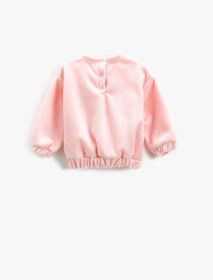  Kız Bebek Peluş Sweatshirt Bisiklet Yaka Uzun Kollu Aplike Detaylı Manşetleri ve Beli Lastikli