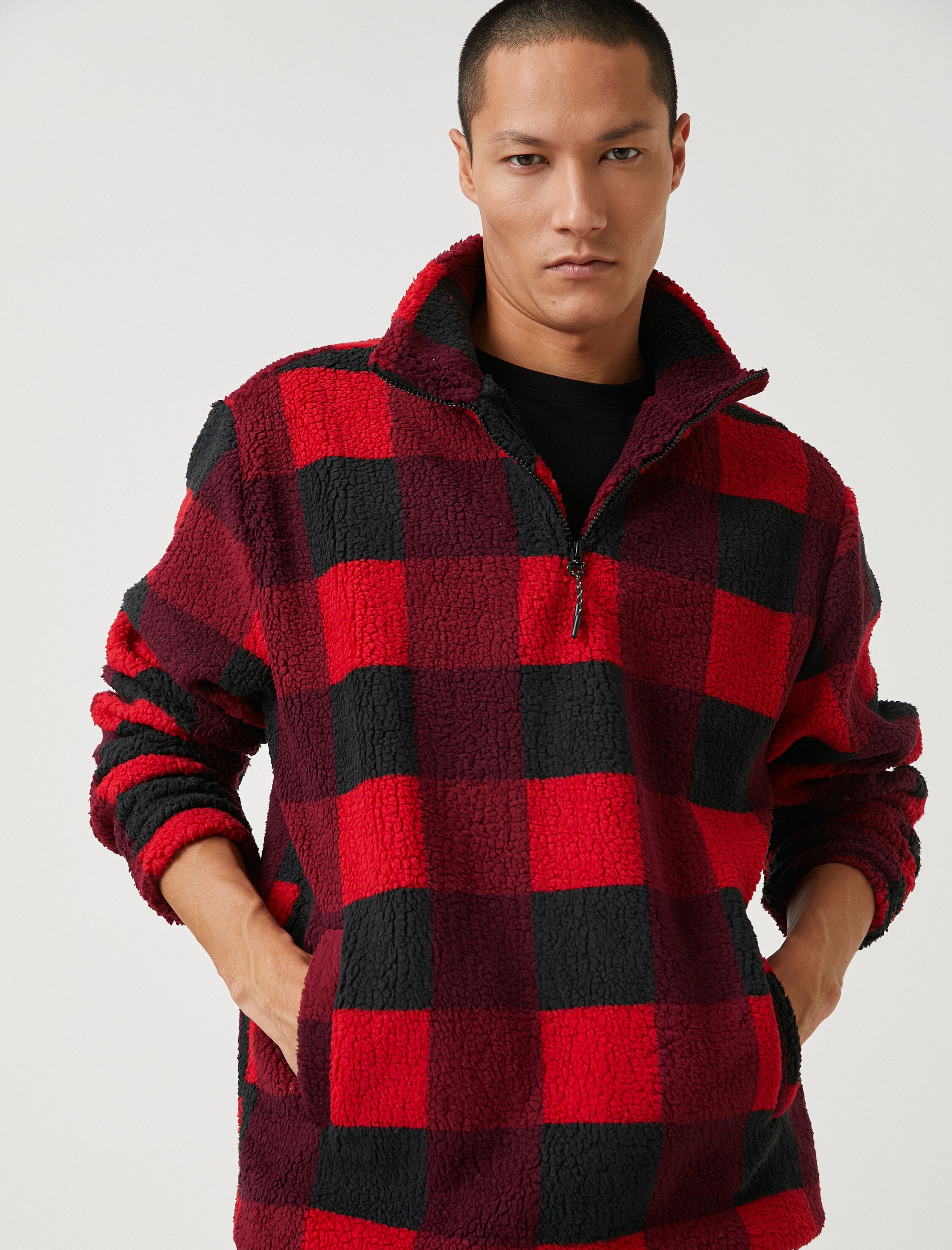 Kareli Sweatshirt Dik Yaka Yarım Fermuarlı Cep Detaylı