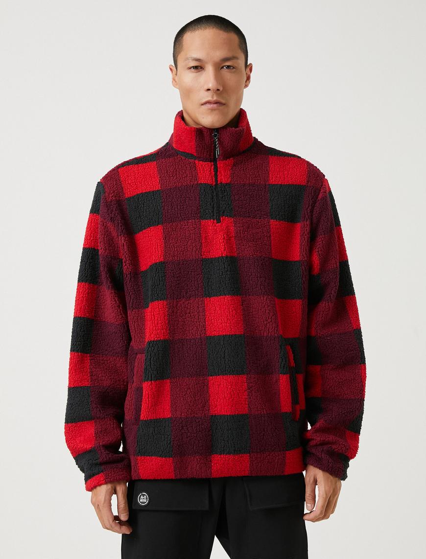   Kareli Sweatshirt Dik Yaka Yarım Fermuarlı Cep Detaylı