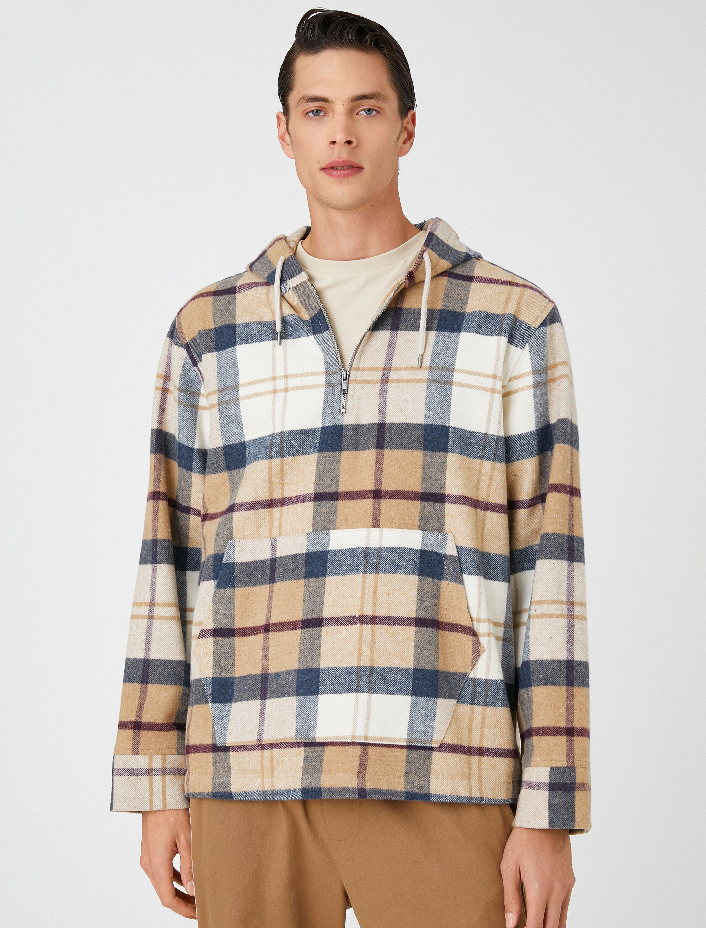   Ekoseli Oversize Sweatshirt Kapşonlu Cep Detaylı Yarım Fermuarlı