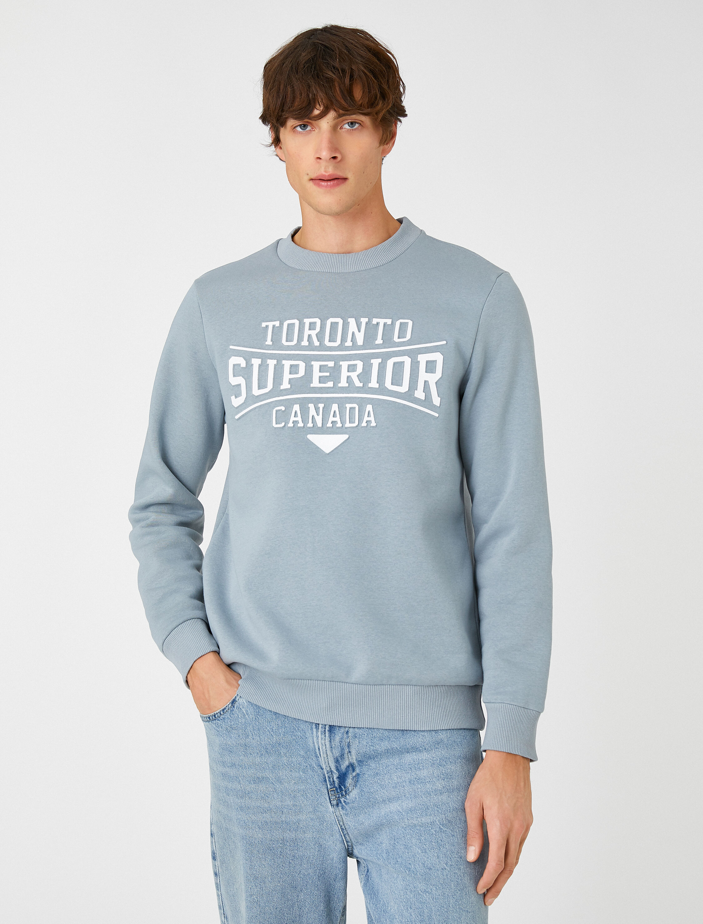   Bisiklet Yaka Sweatshirt Şardonlu Kabartma Şehir Baskılı Uzun Kollu