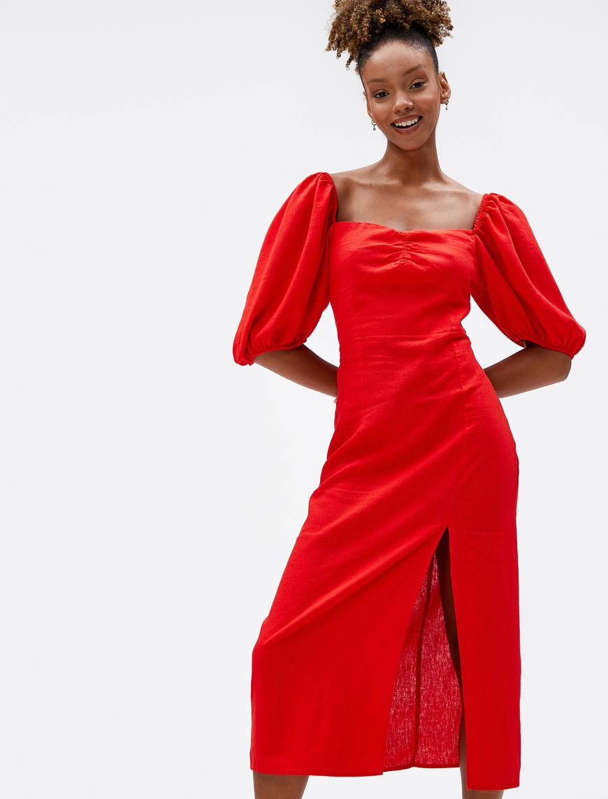   Midi Elbise Keten Viskon Karışımlı Balon Kollu Yırtmaçlı