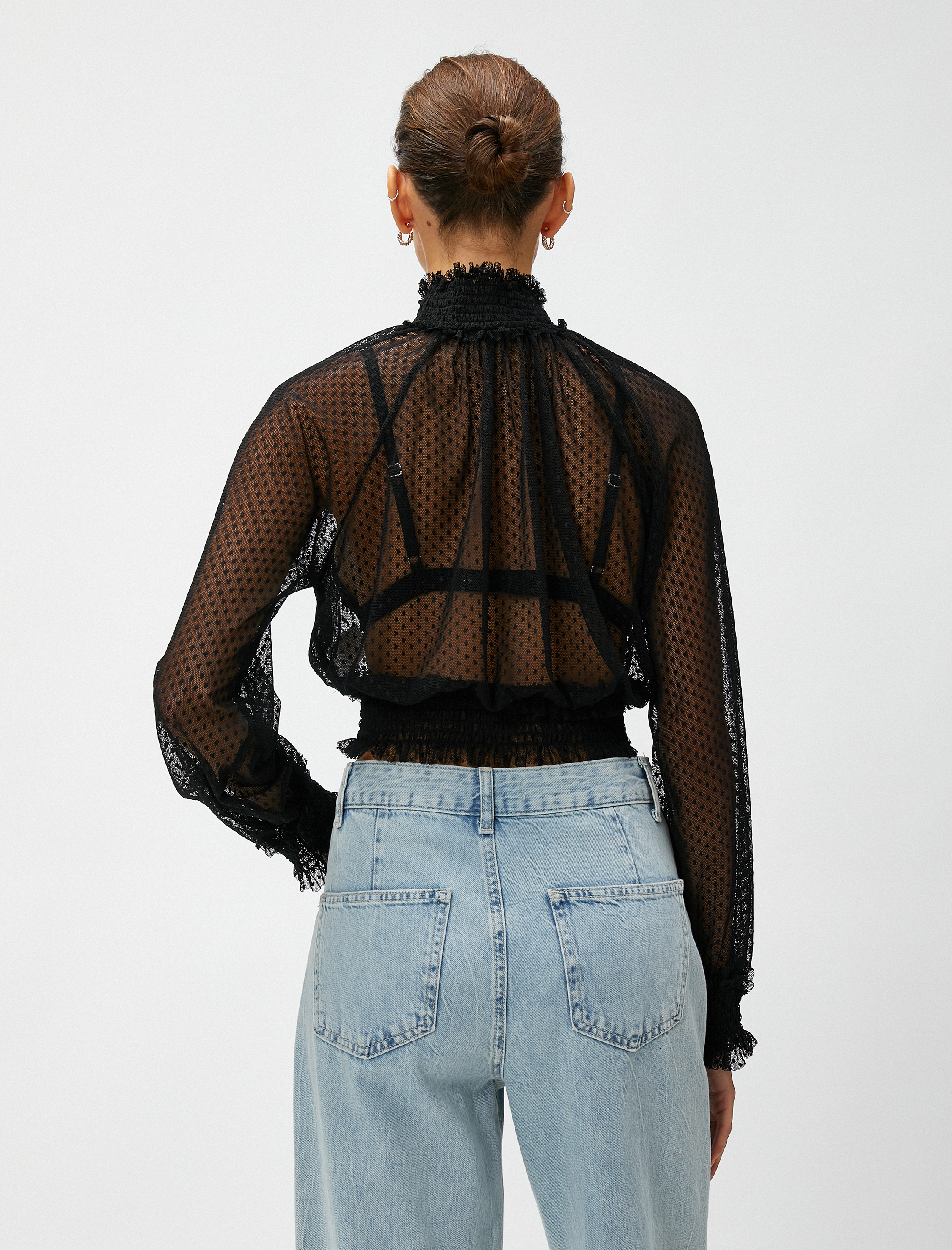   Şifon Crop Bluz Dik Yaka Uzun Kollu