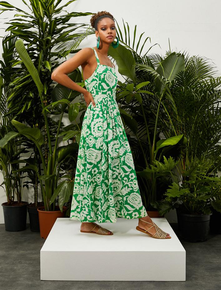  Çiçekli Uzun Elbise Çapraz Askılı