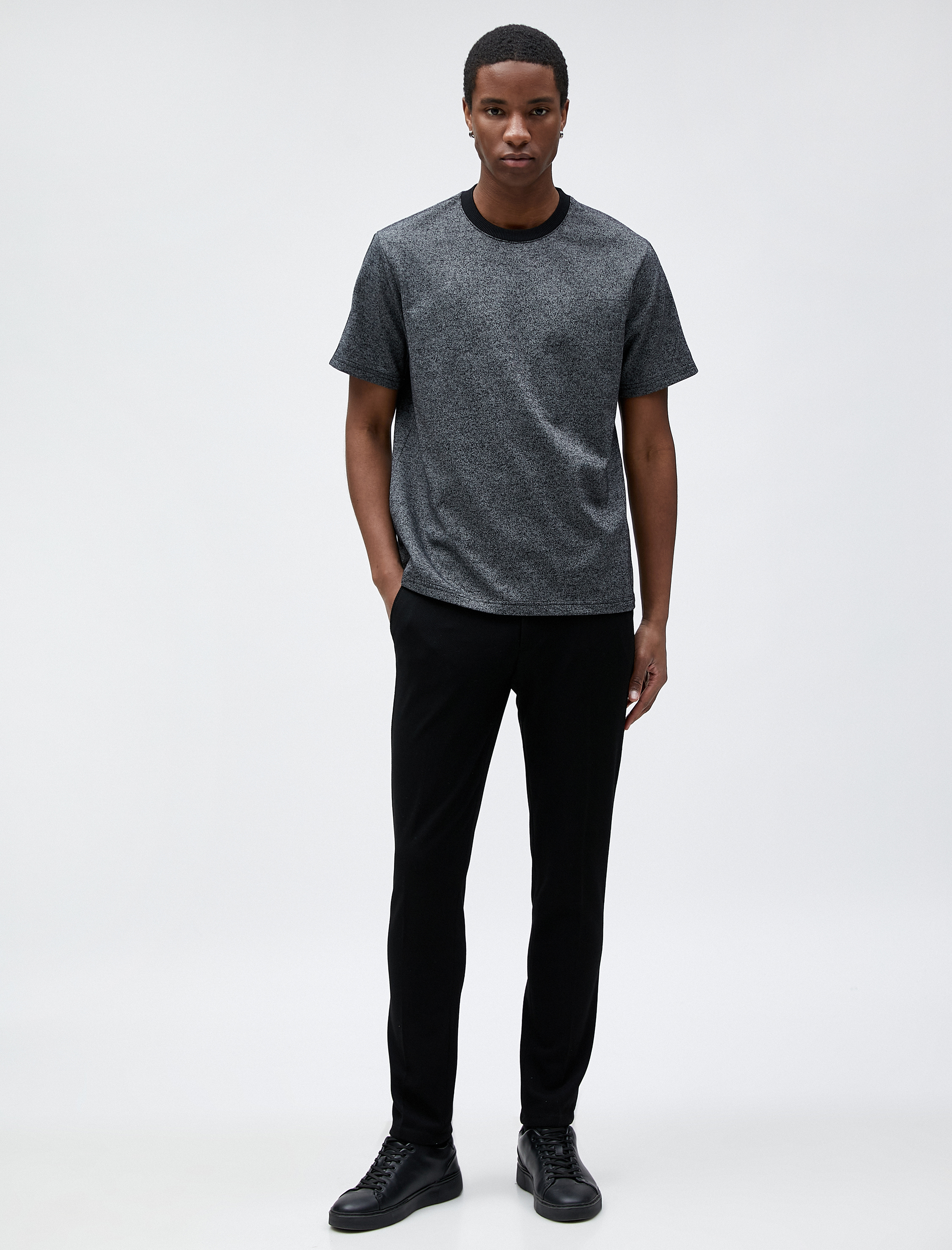   Basic Kırçıllı Tişört Bisiklet Yaka Şerit Detaylı Kısa Kollu