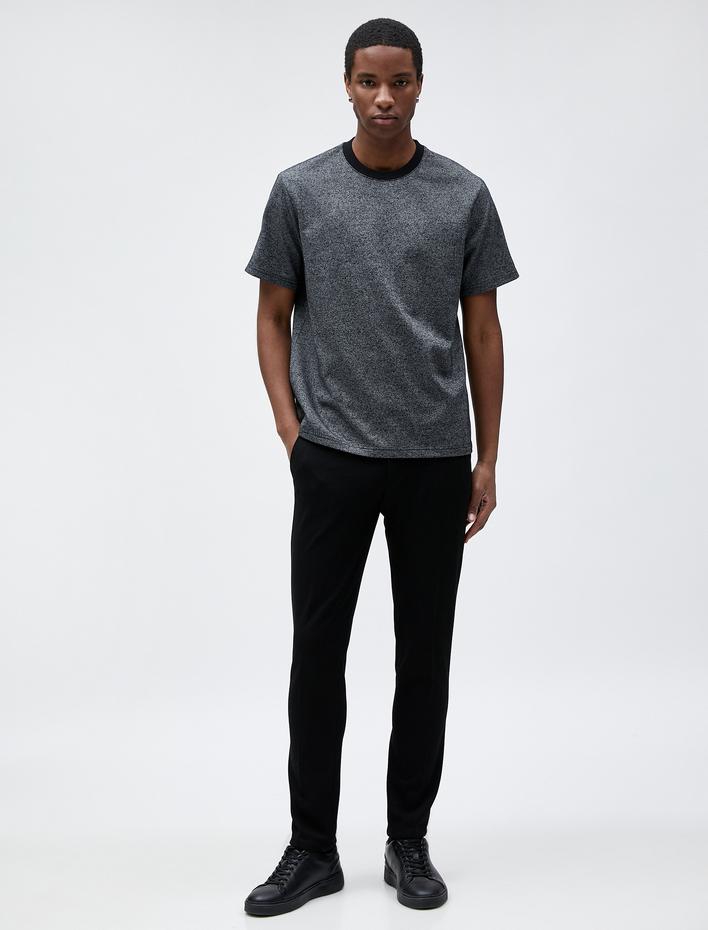  Basic Kırçıllı Tişört Bisiklet Yaka Şerit Detaylı Kısa Kollu