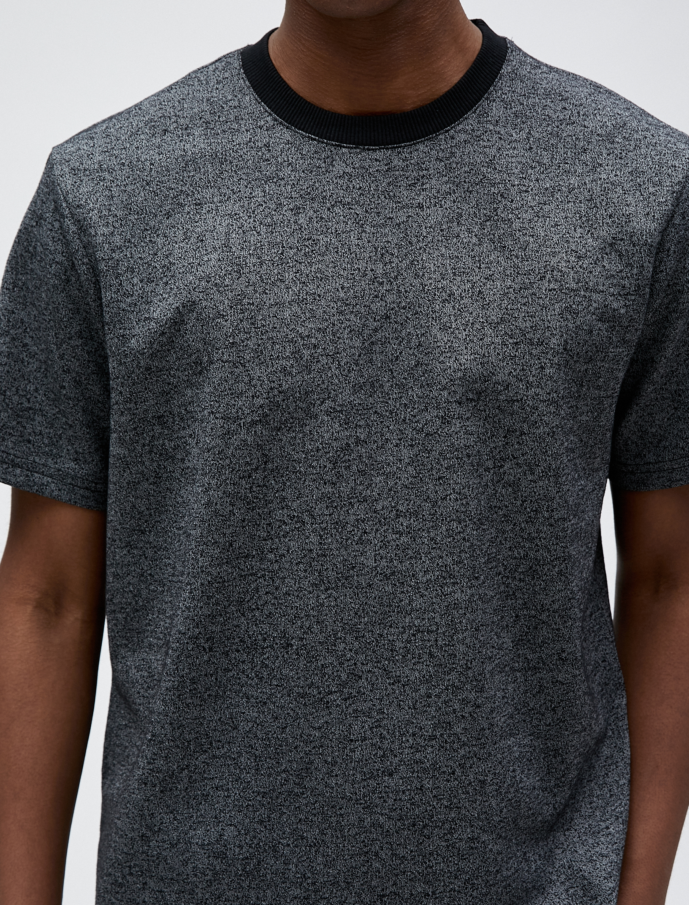   Basic Kırçıllı Tişört Bisiklet Yaka Şerit Detaylı Kısa Kollu