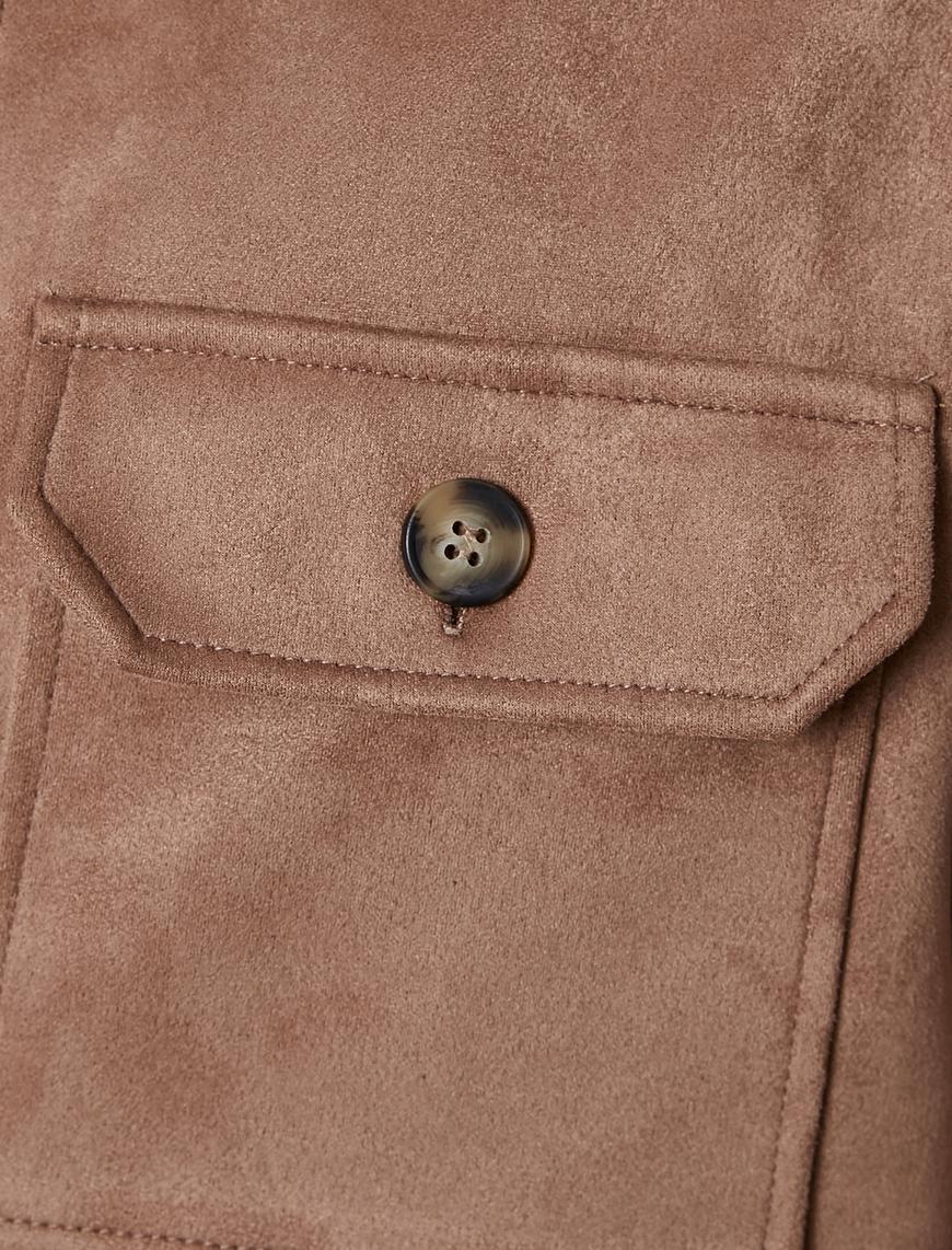   Süet Görünümlü Ceket Cep Detaylı Gömlek Yaka Düğmeli