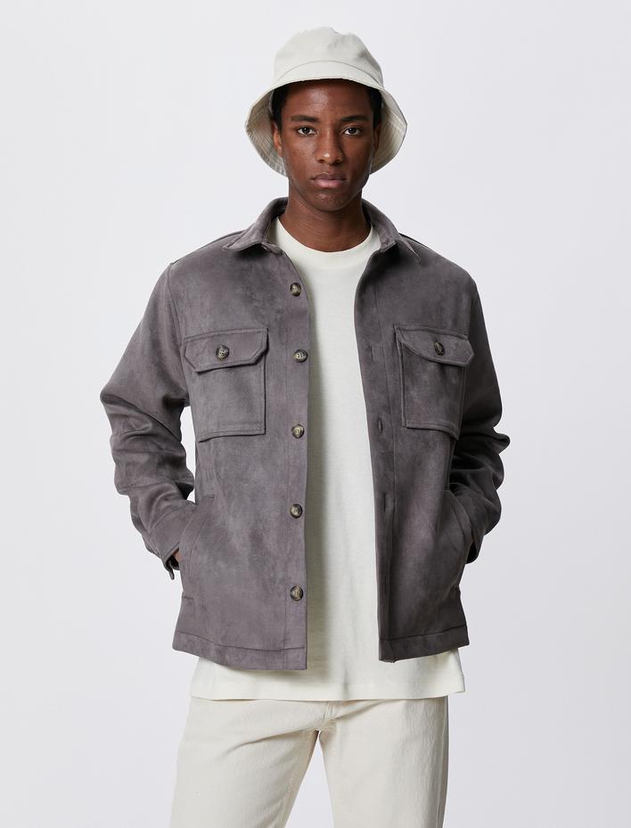  Süet Görünümlü Ceket Cep Detaylı Gömlek Yaka Düğmeli