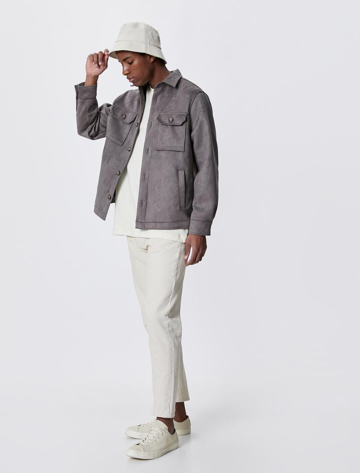  Süet Görünümlü Ceket Cep Detaylı Gömlek Yaka Düğmeli