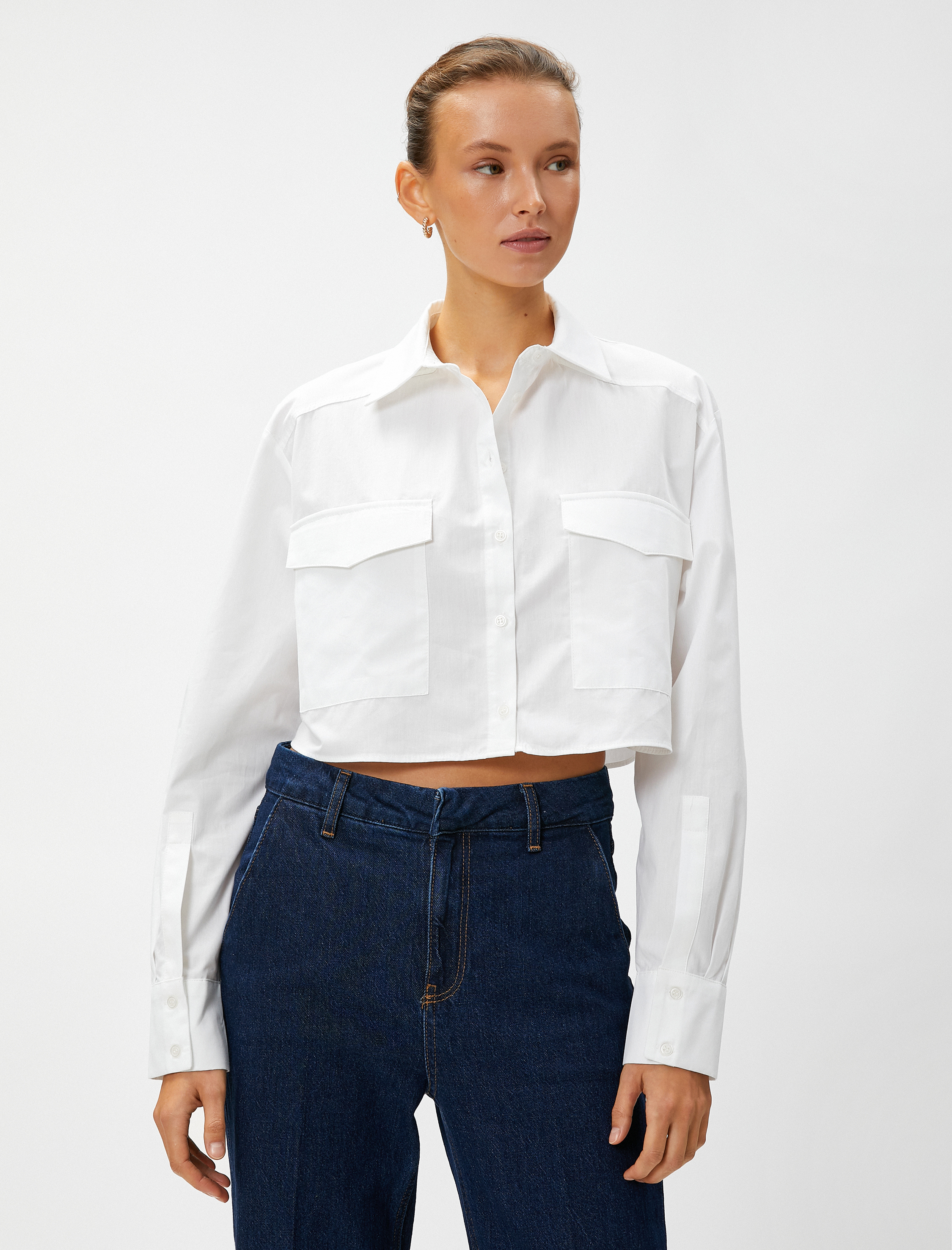   Cepli Uzun Kollu Pamuklu Crop Gömlek