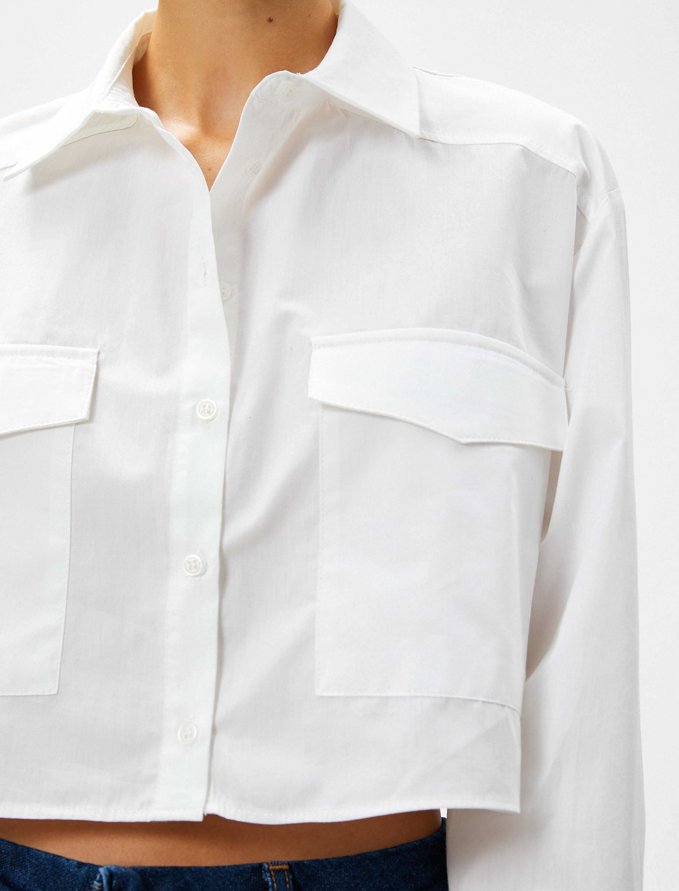   Cepli Uzun Kollu Pamuklu Crop Gömlek