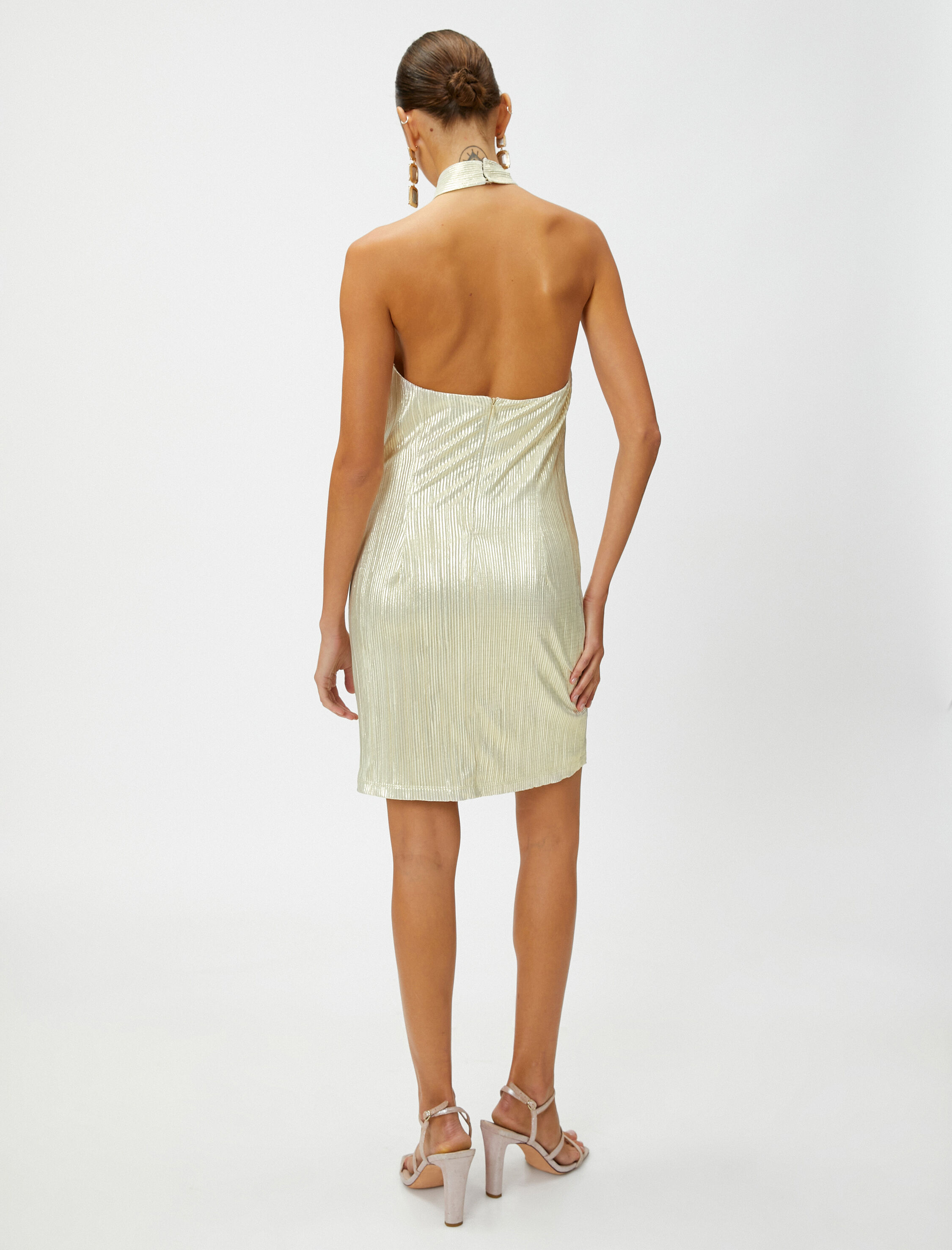   Pileli Piliseli Mini Elbise Halter Yaka