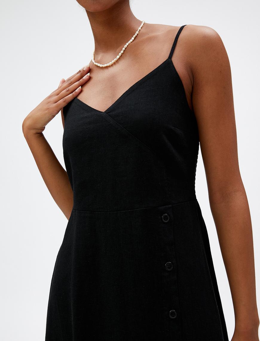   Midi Elbise İnce Askılı Yırtmaçlı Önü Düğmeli Keten Karışımlı