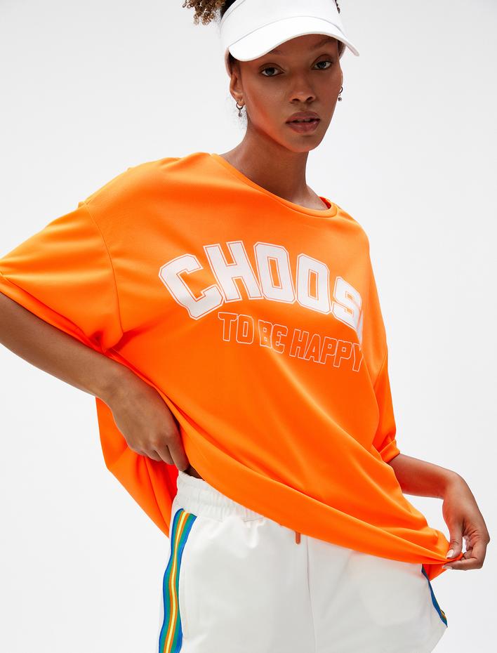  Oversize Baskılı Spor Tişört Bisiklet Yaka