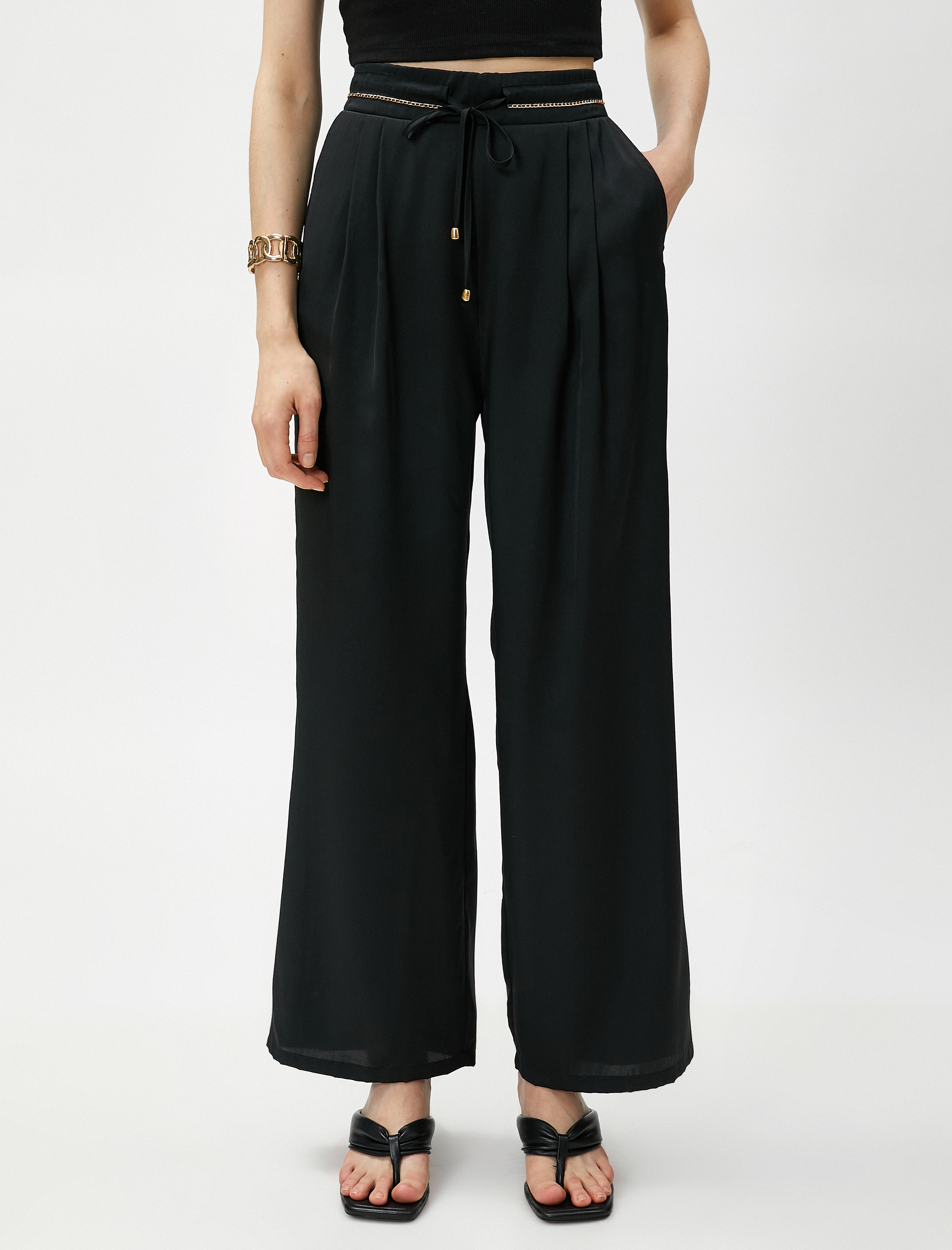   Geniş Paça Pantolon Zincir Detaylı Beli Bağlamalı