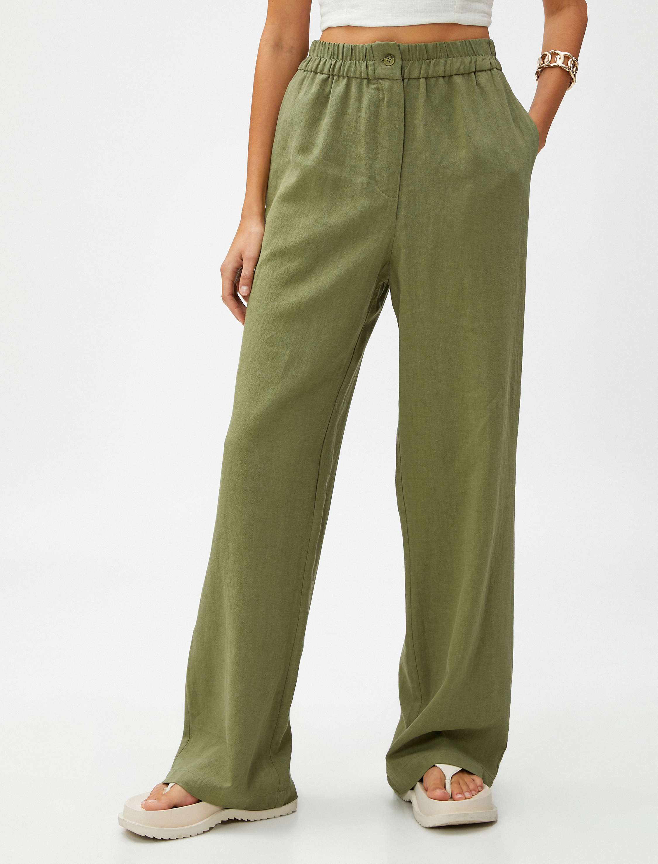   Düz Paça Pantolon Cepli Keten Karışımlı