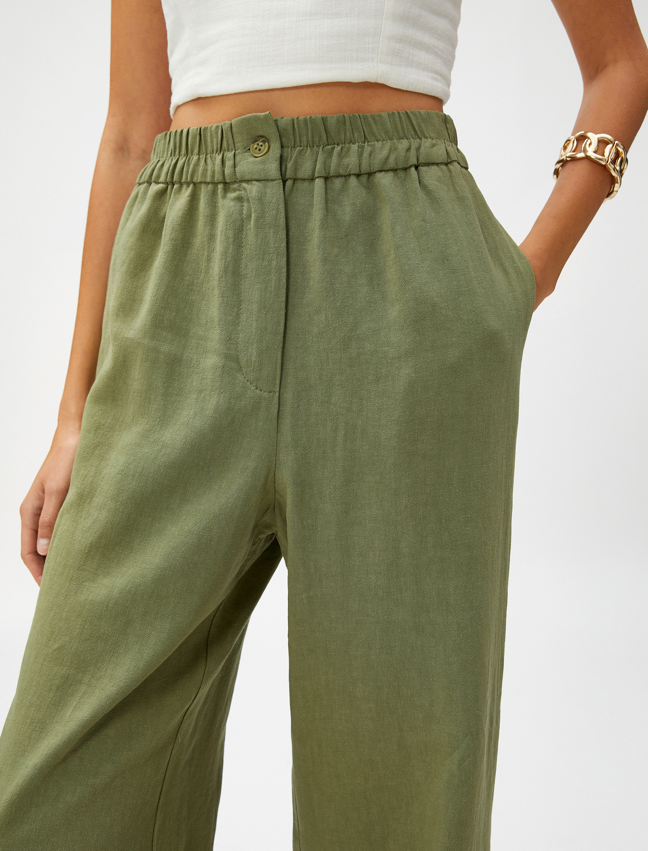   Düz Paça Pantolon Cepli Keten Karışımlı