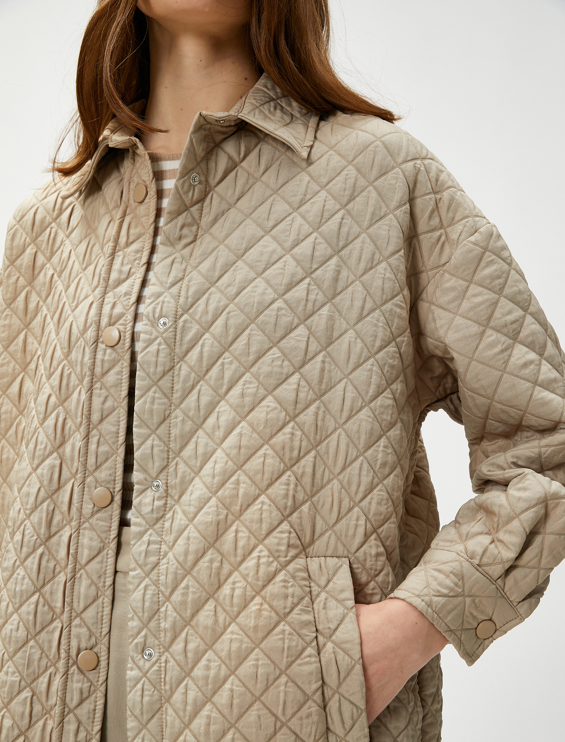   Oversize Kapitone Ceket Gömlek Yaka Cepli