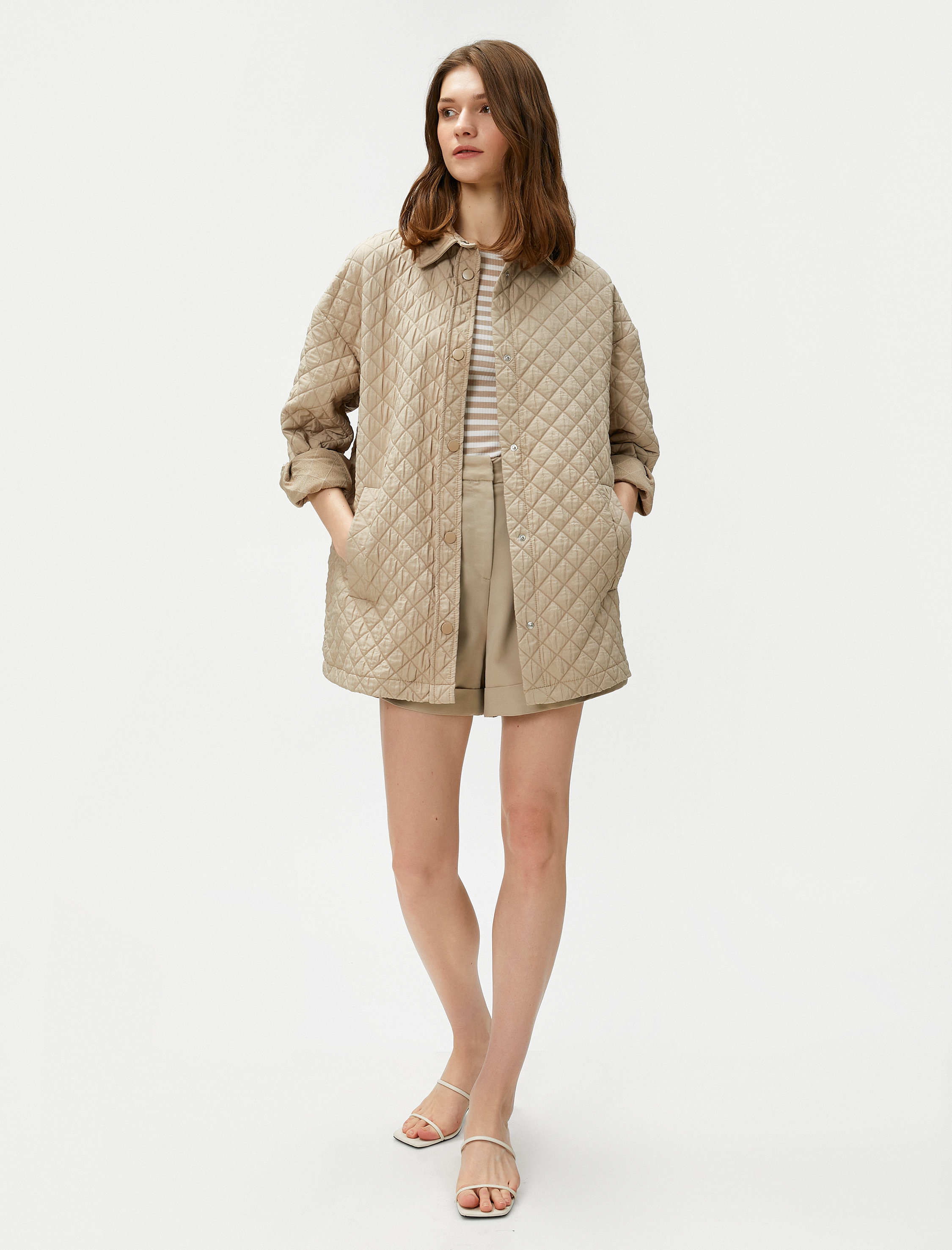   Oversize Kapitone Ceket Gömlek Yaka Cepli