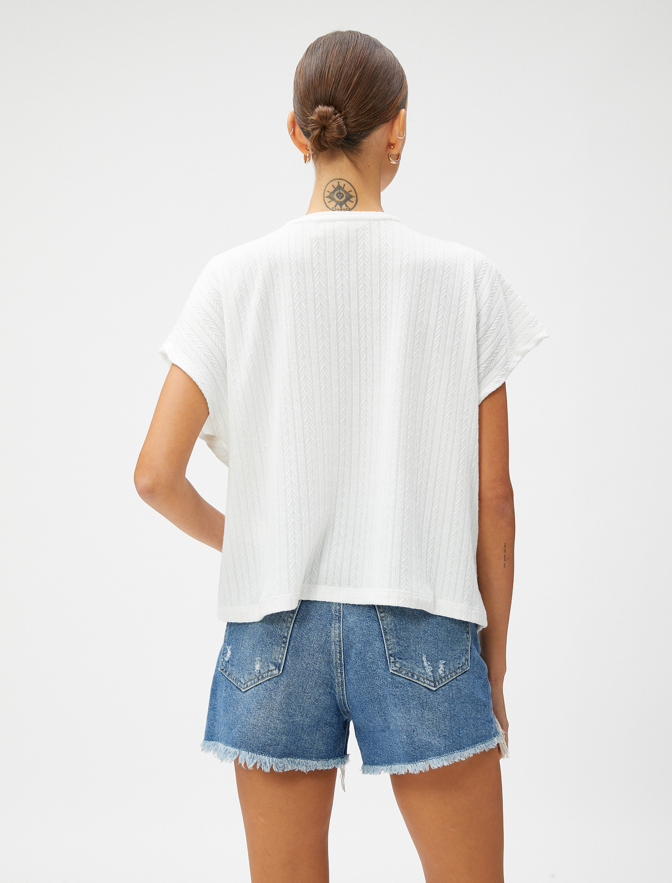   Oversize Tişört Örgü Motifli Kısa Kollu