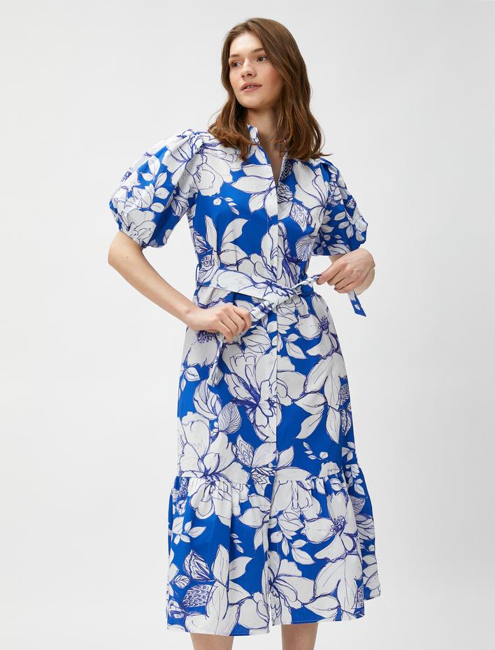  Gömlek Elbise Midi Boy Çiçekli Balon Kollu