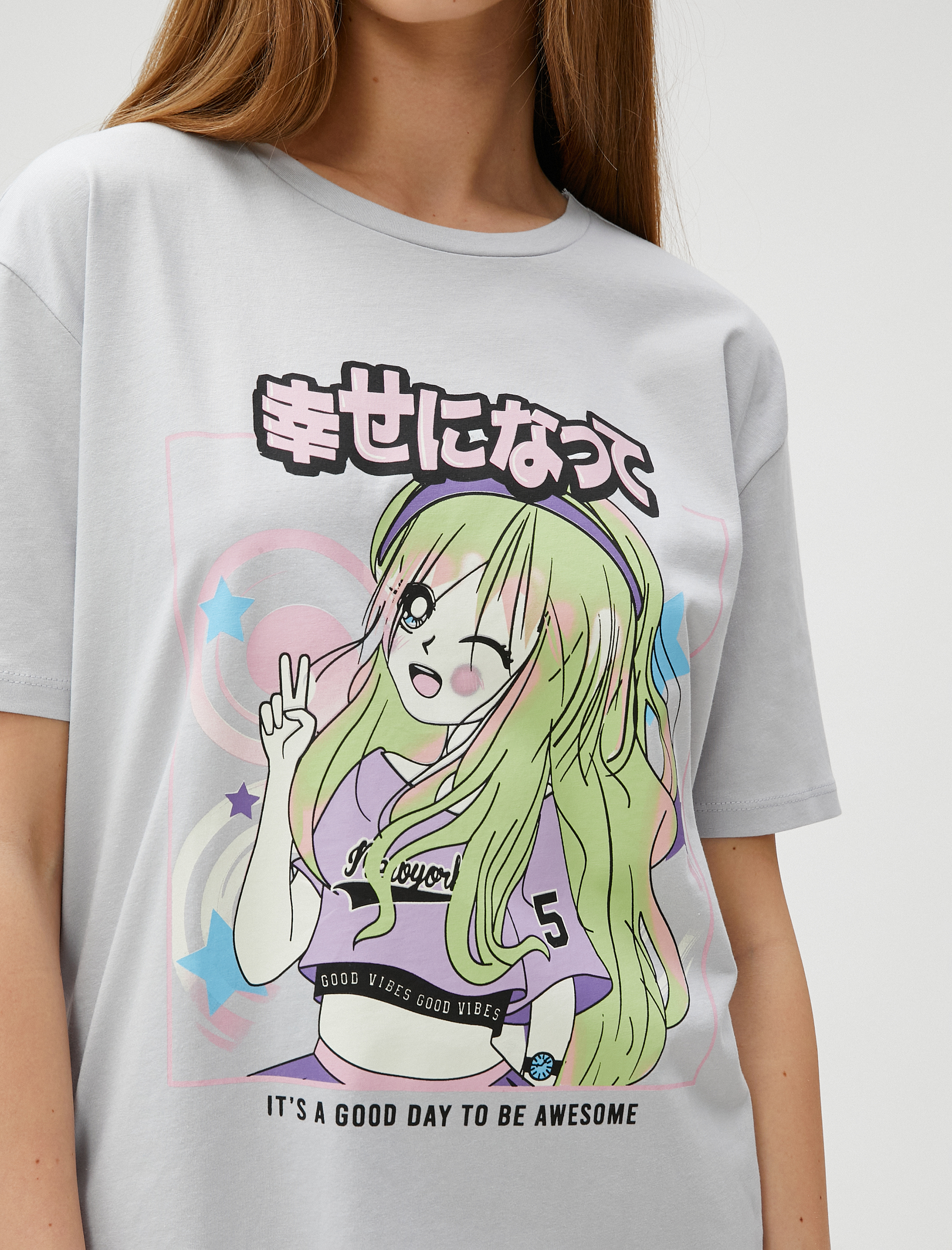   Anime Tişört Baskılı Kısa Kollu Bisiklet Yaka