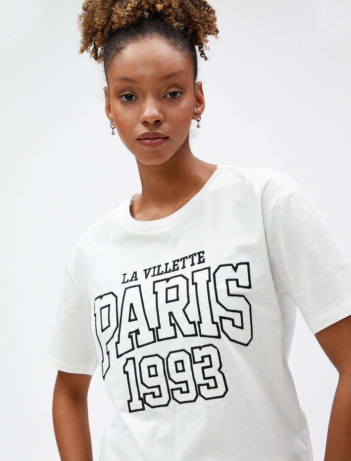  Bisiklet Yaka Tişört Kısa Kollu Slogan Nakışlı Pamuklu