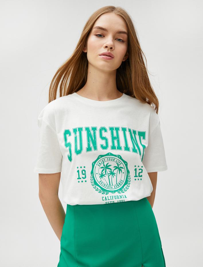  Baskılı Tişört Kısa Kollu Bisiklet Yaka Pamuklu