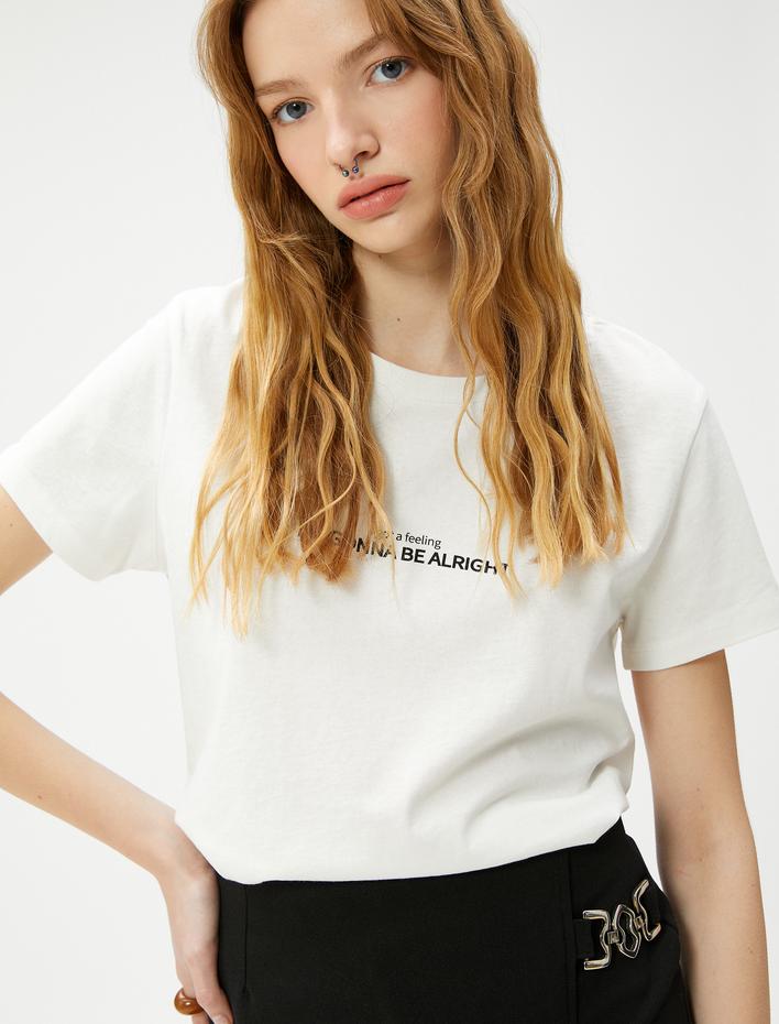  Slogan Baskılı Tişört Bisiklet Yaka Kısa Kollu Basic