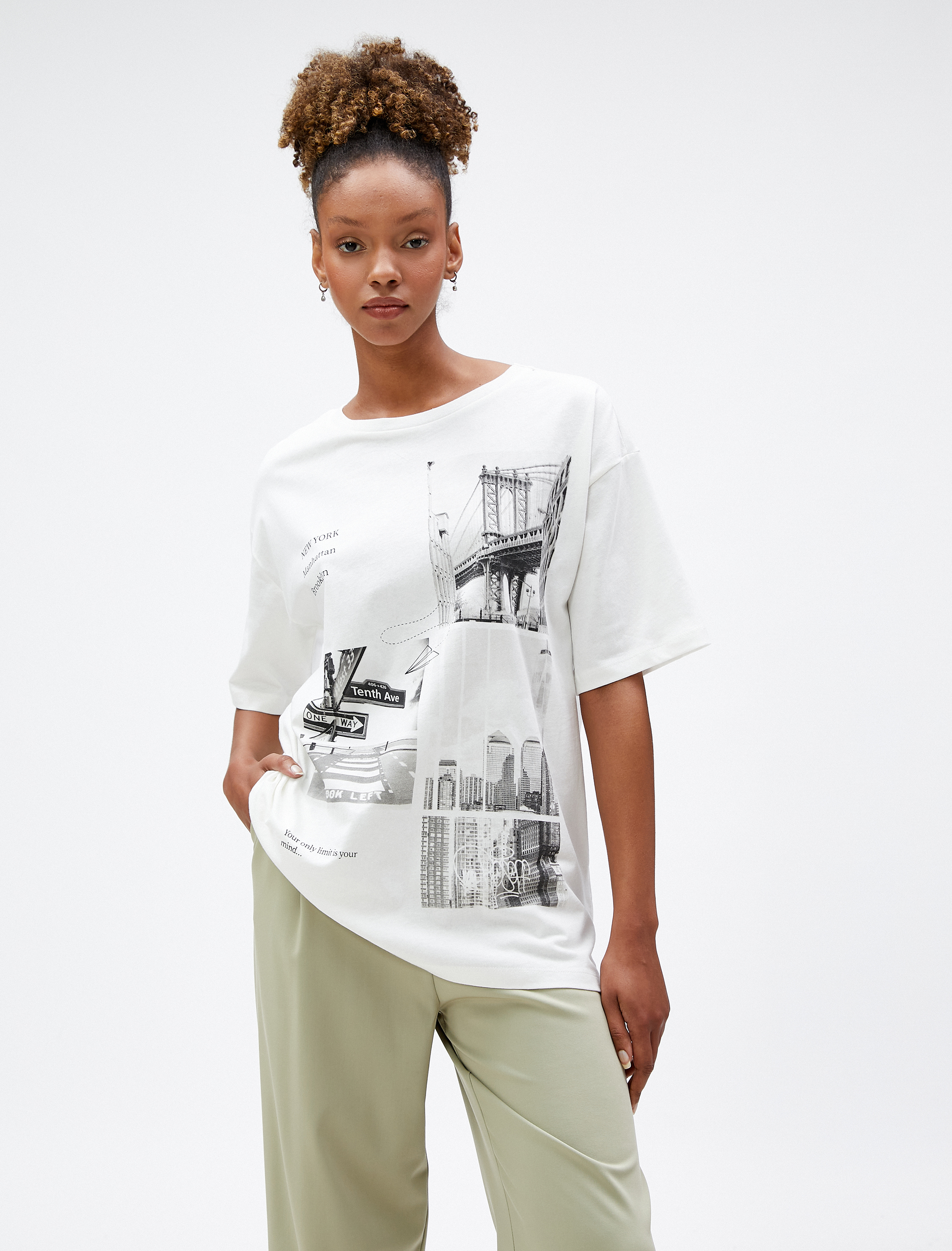   New York Baskılı Tişört Bisiklet Yaka Kısa Kollu Pamuklu