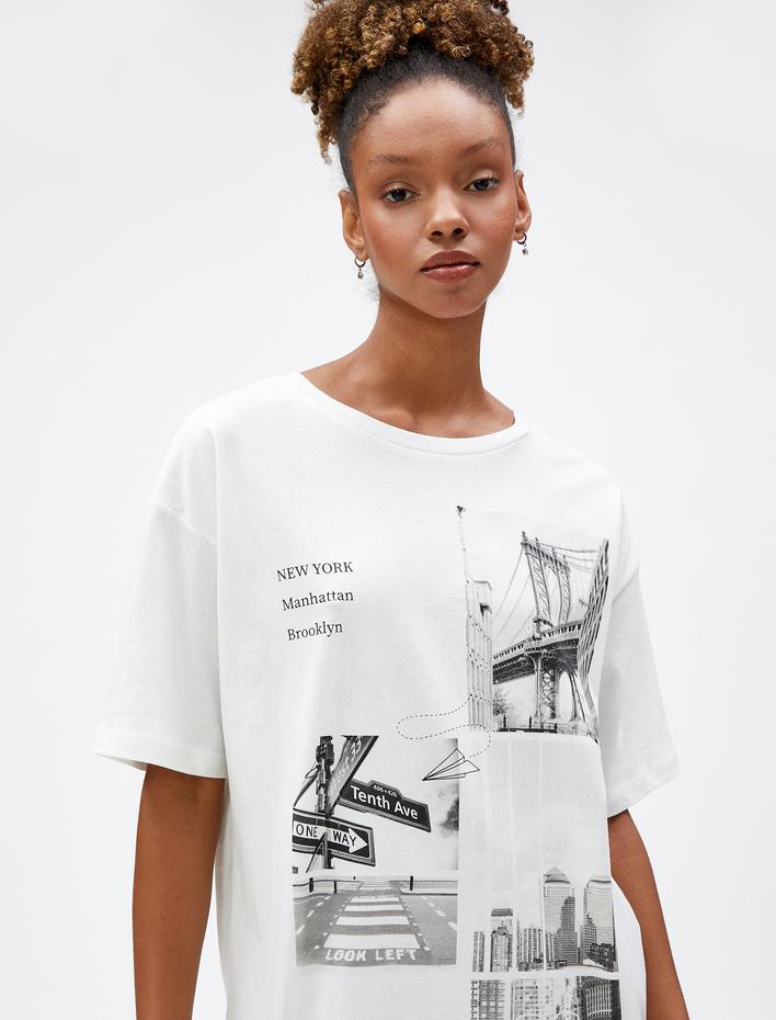  New York Baskılı Tişört Bisiklet Yaka Kısa Kollu Pamuklu