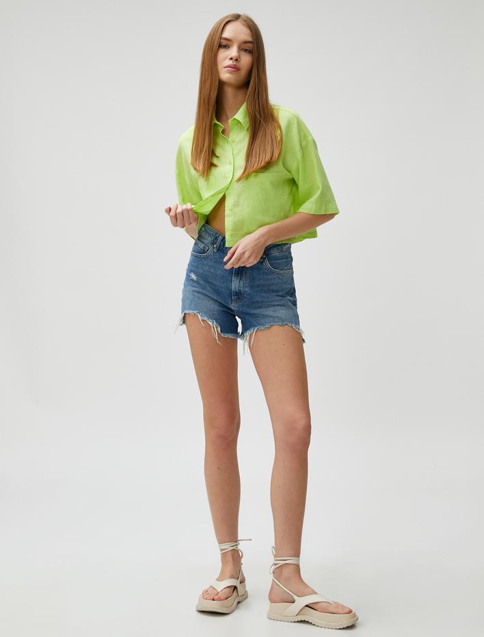  Crop Gömlek Cep Detaylı Keten Viskon Karışımlı