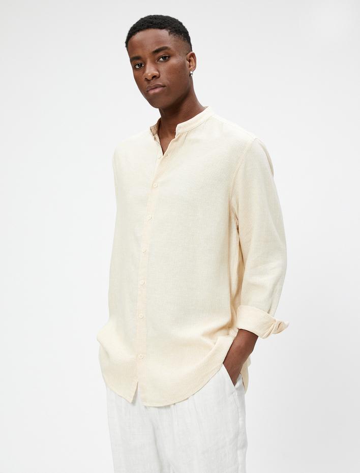  Hakim Yaka Gömlek Keten Karışımlı Düğmeli Uzun Kollu