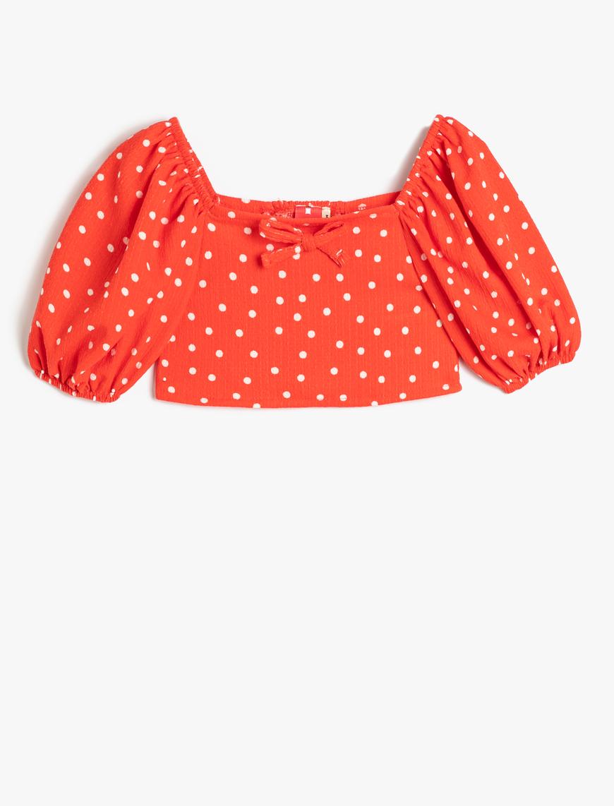  Kız Çocuk Crop Bluz Kısa Balon Kol Fiyonk Detaylı Puantiyeli