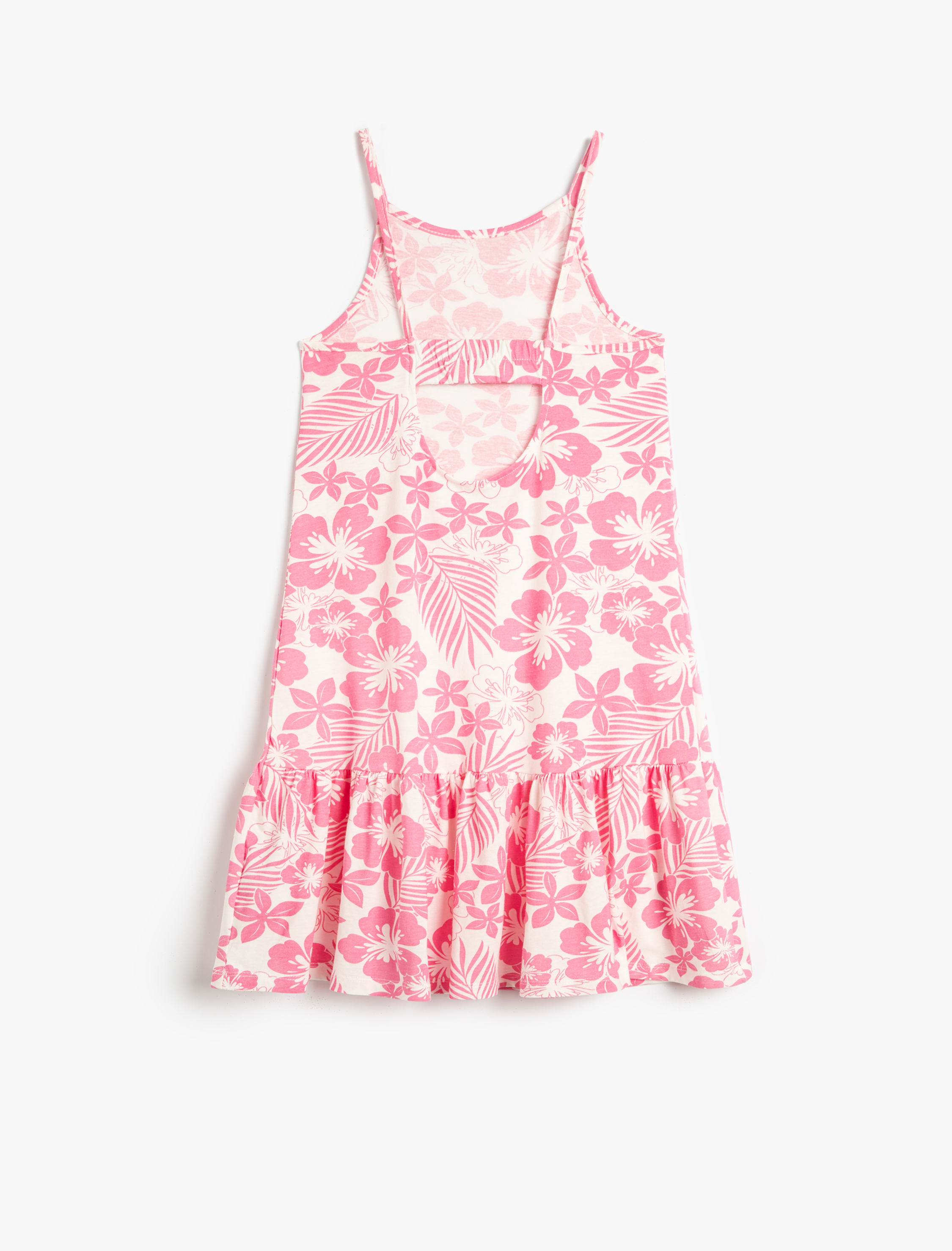  Kız Çocuk Elbise Çiçekli İnce Askılı Arkası Pencere Detaylı Pamuklu