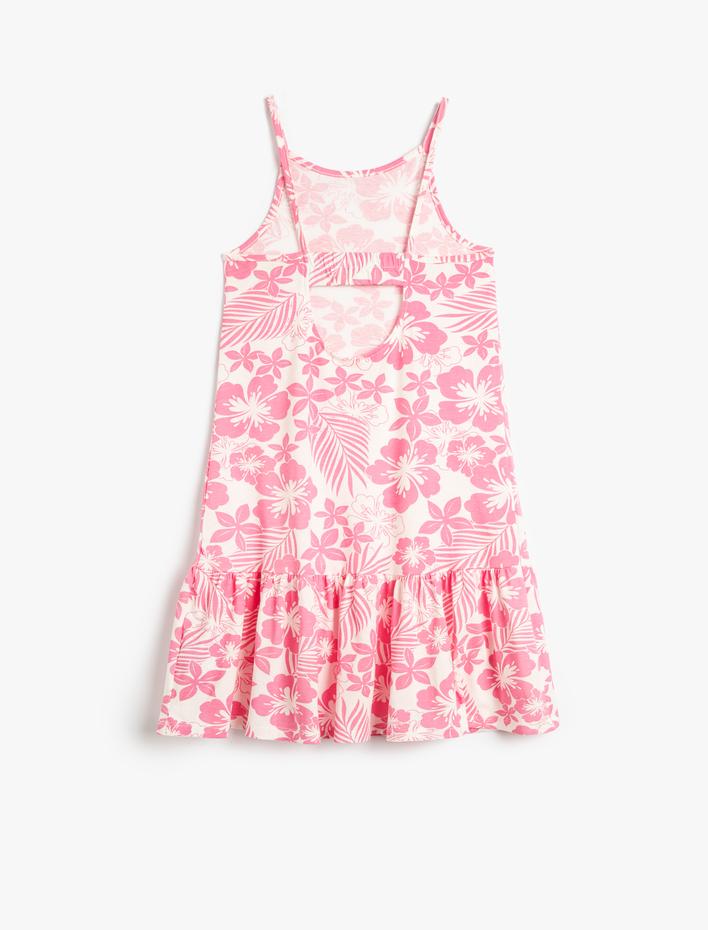 Kız Çocuk Elbise Çiçekli İnce Askılı Arkası Pencere Detaylı Pamuklu