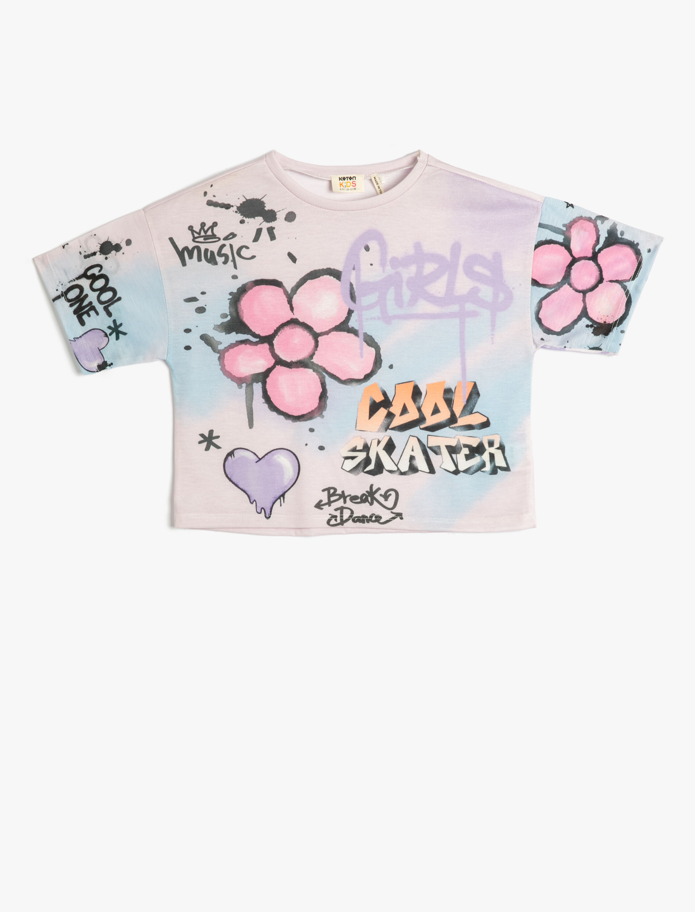  Kız Çocuk Oversize Tişört Batik Desenli Grafiti Baskılı