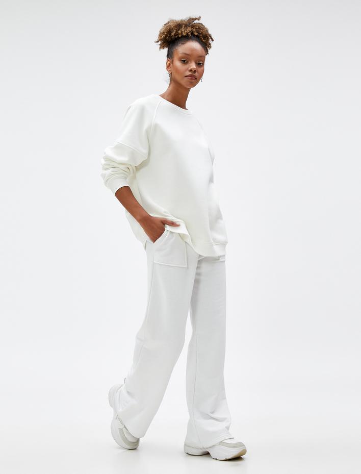  Şardonlu Oversize Sweatshirt Basic Bisiklet Yaka Uzun Kollu