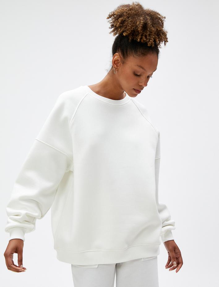  Şardonlu Oversize Sweatshirt Basic Bisiklet Yaka Uzun Kollu