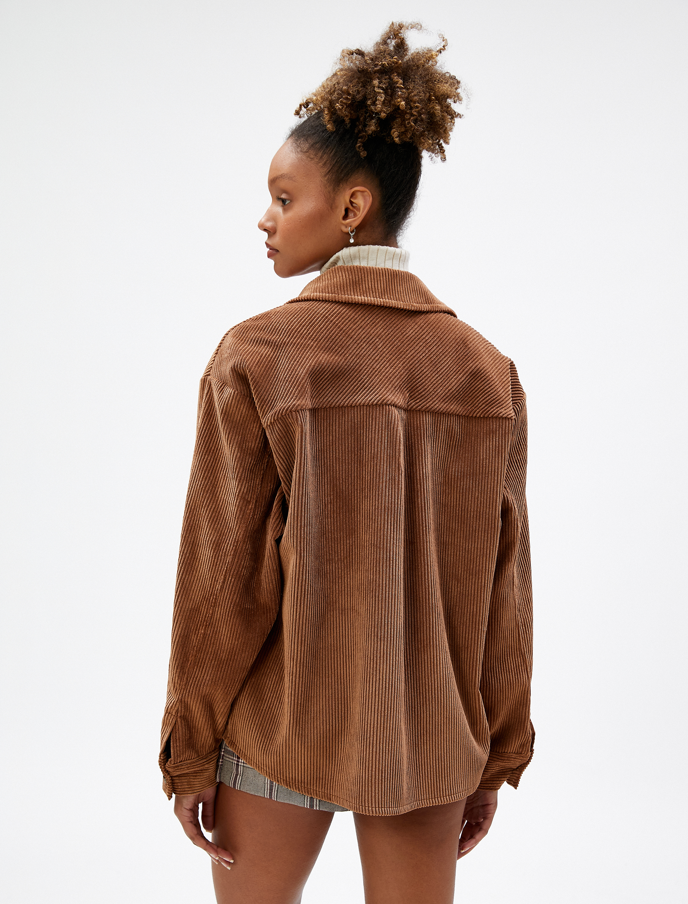   Kadife Gömlek Ceket Büyük Cepli Düğmeli Fitilli Uzun Kollu