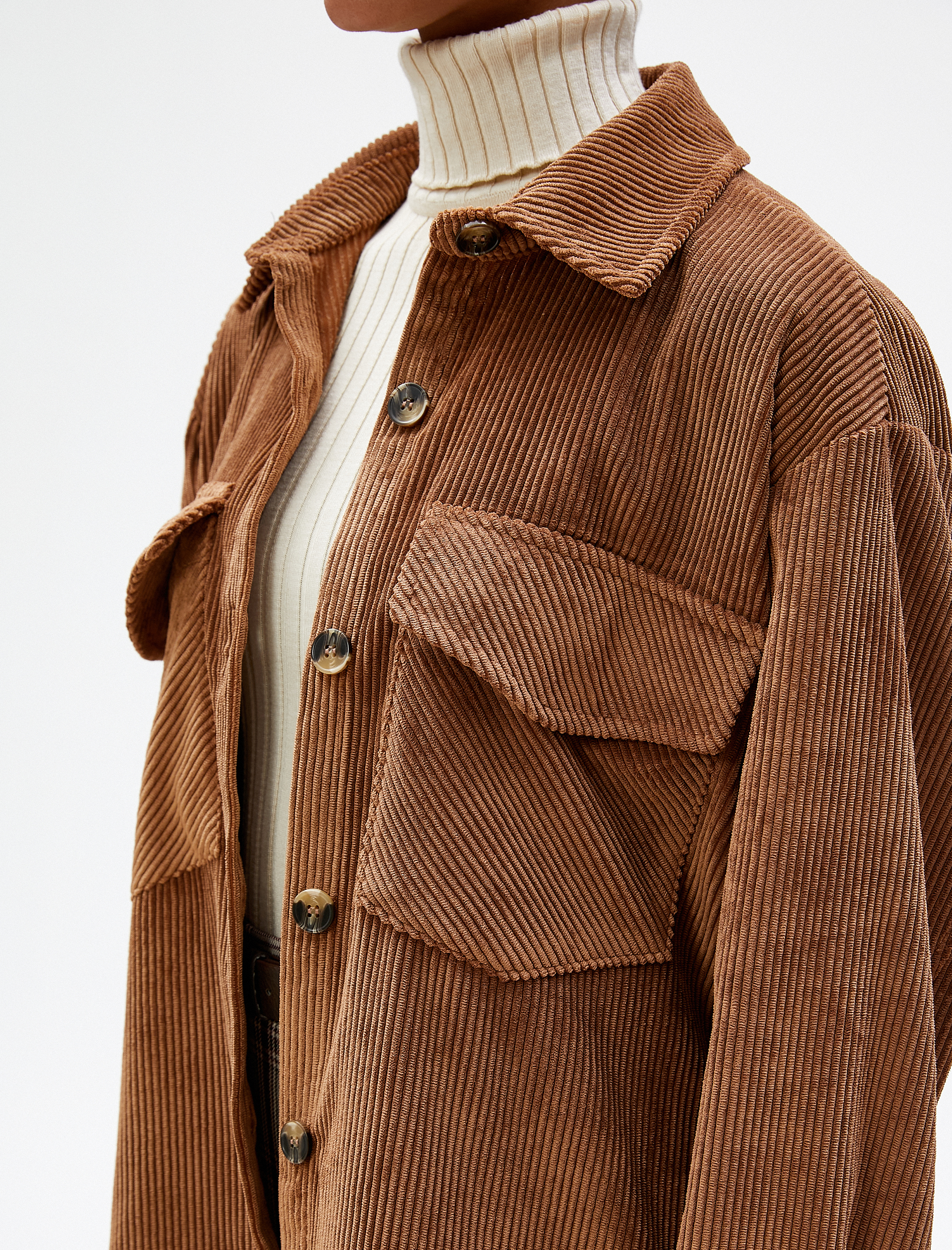   Kadife Gömlek Ceket Büyük Cepli Düğmeli Fitilli Uzun Kollu