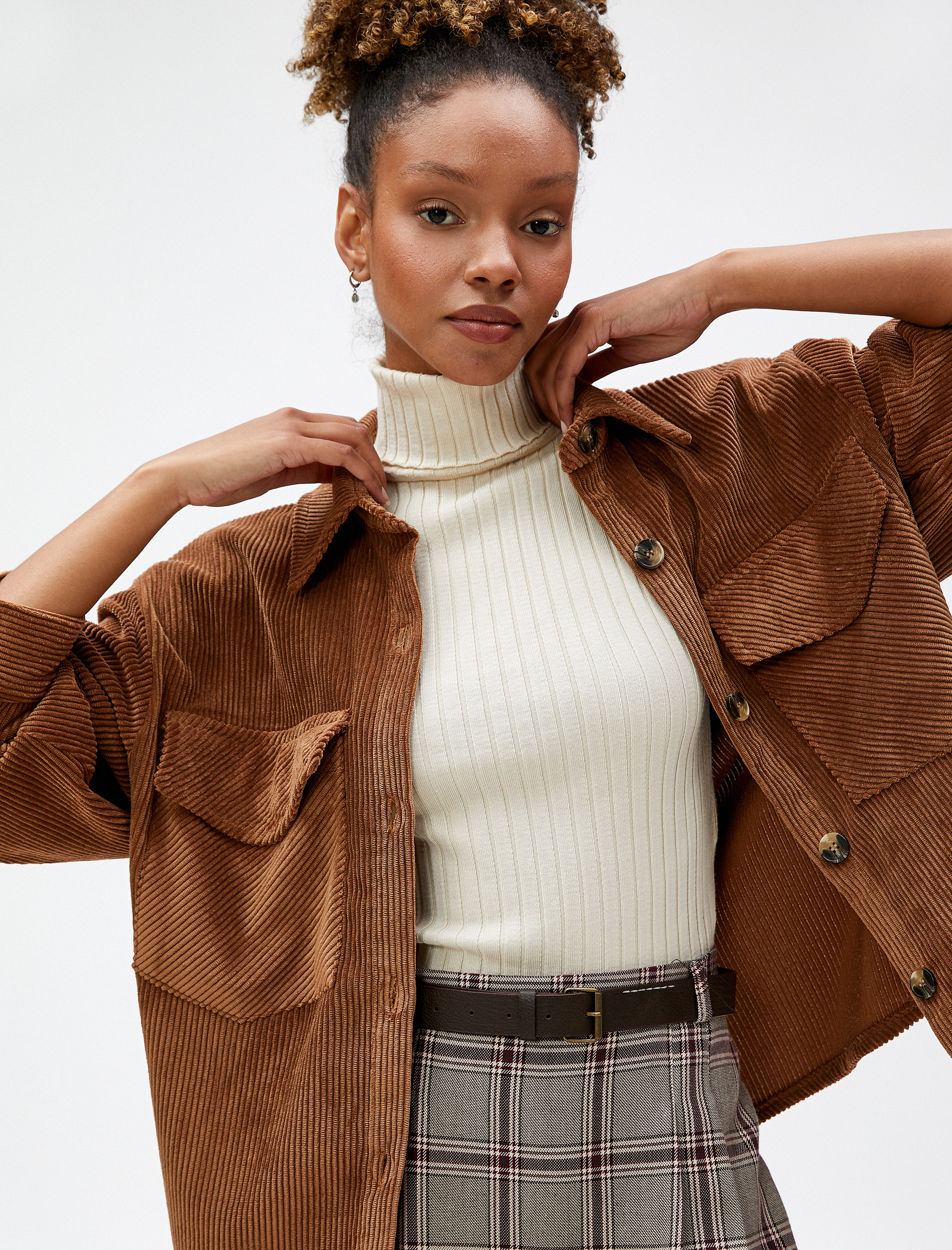   Kadife Gömlek Ceket Büyük Cepli Düğmeli Fitilli Uzun Kollu