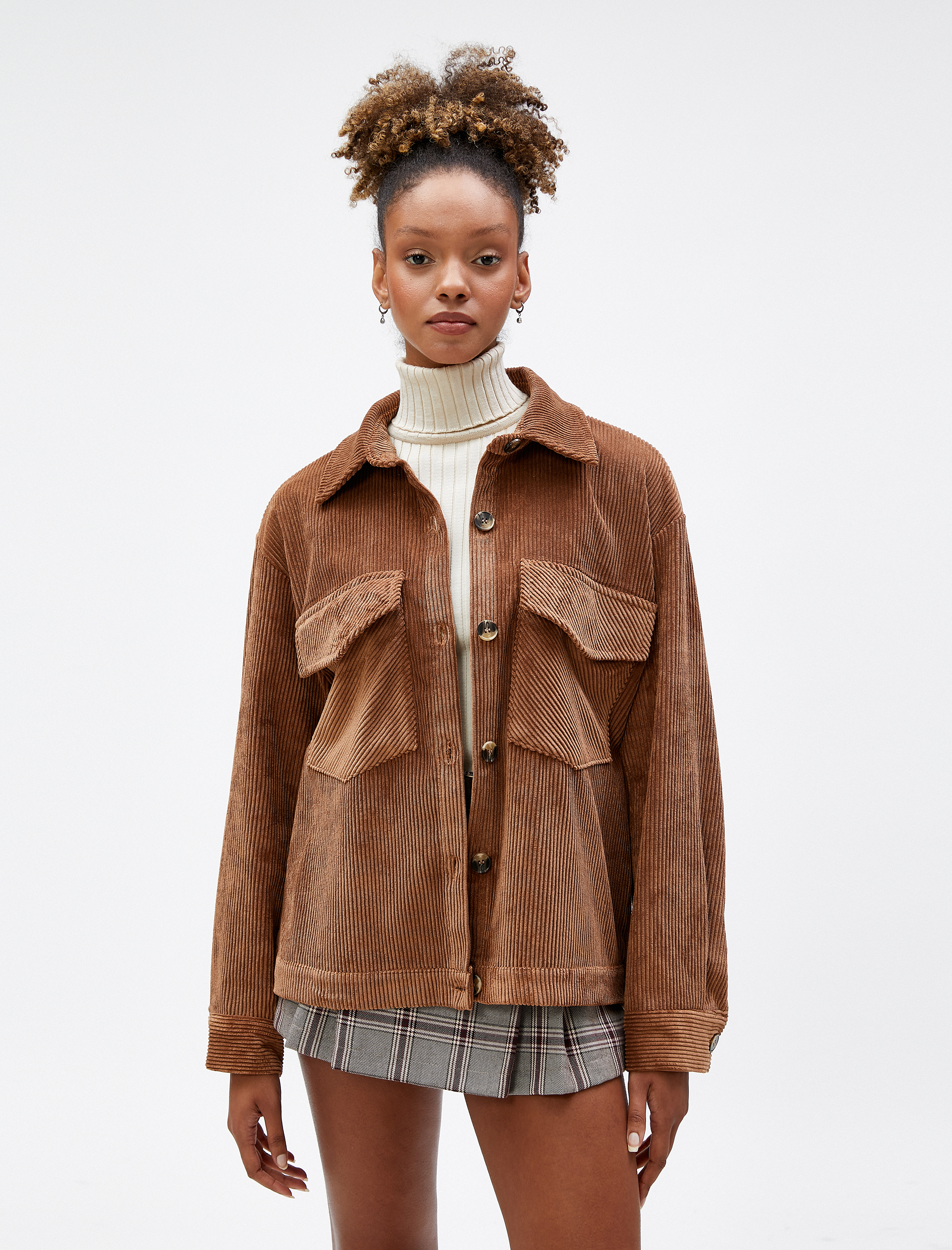   Kadife Gömlek Ceket Büyük Cepli Düğmeli Fitilli Uzun Kollu