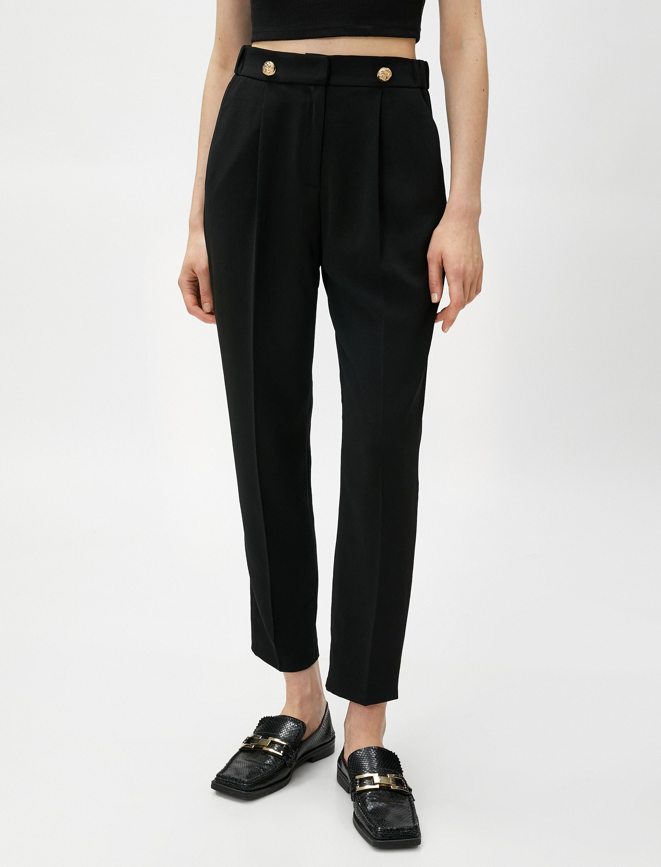 Yüksek Bel Kumaş Pantolon Düğme Detaylı