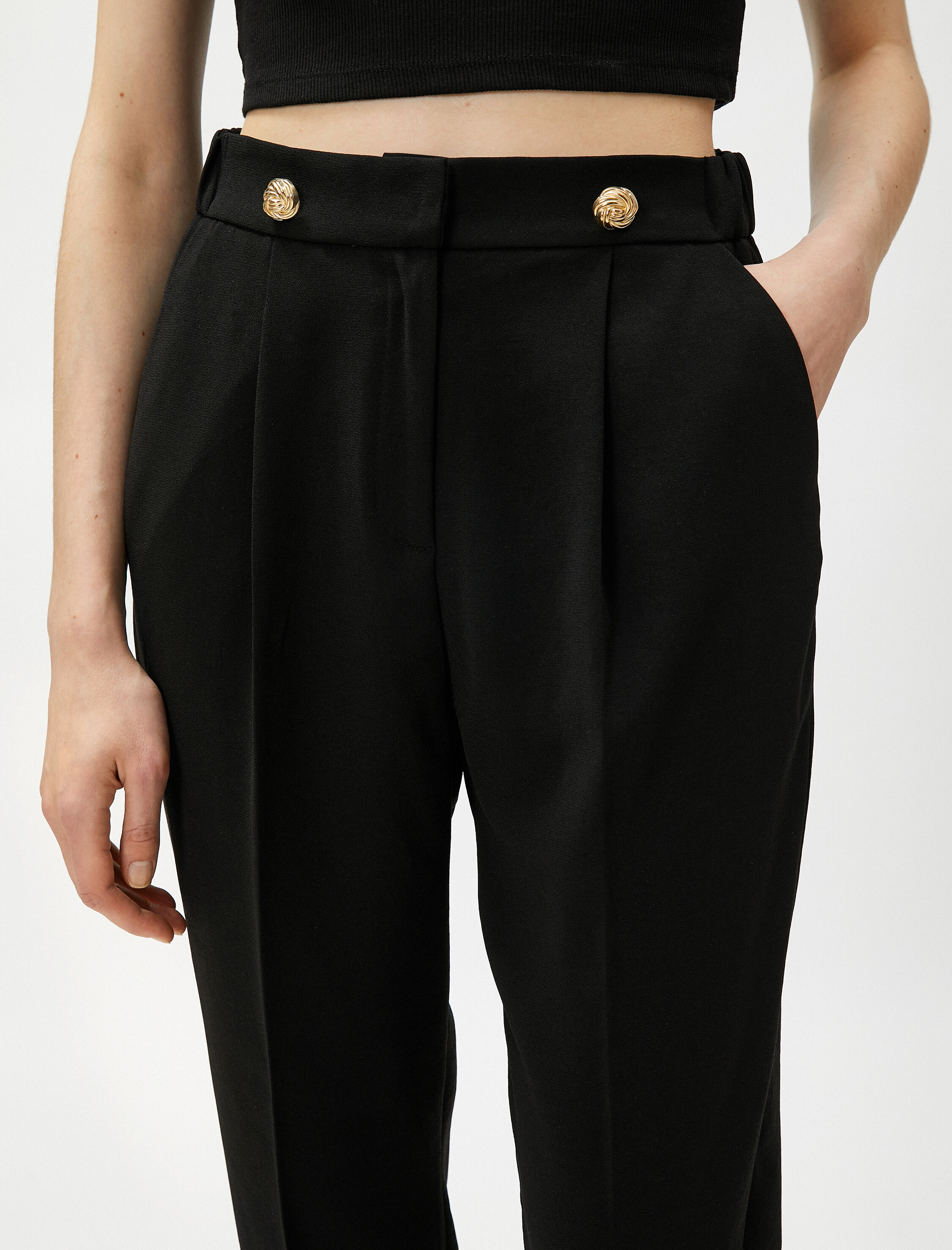 Yüksek Bel Kumaş Pantolon Düğme Detaylı