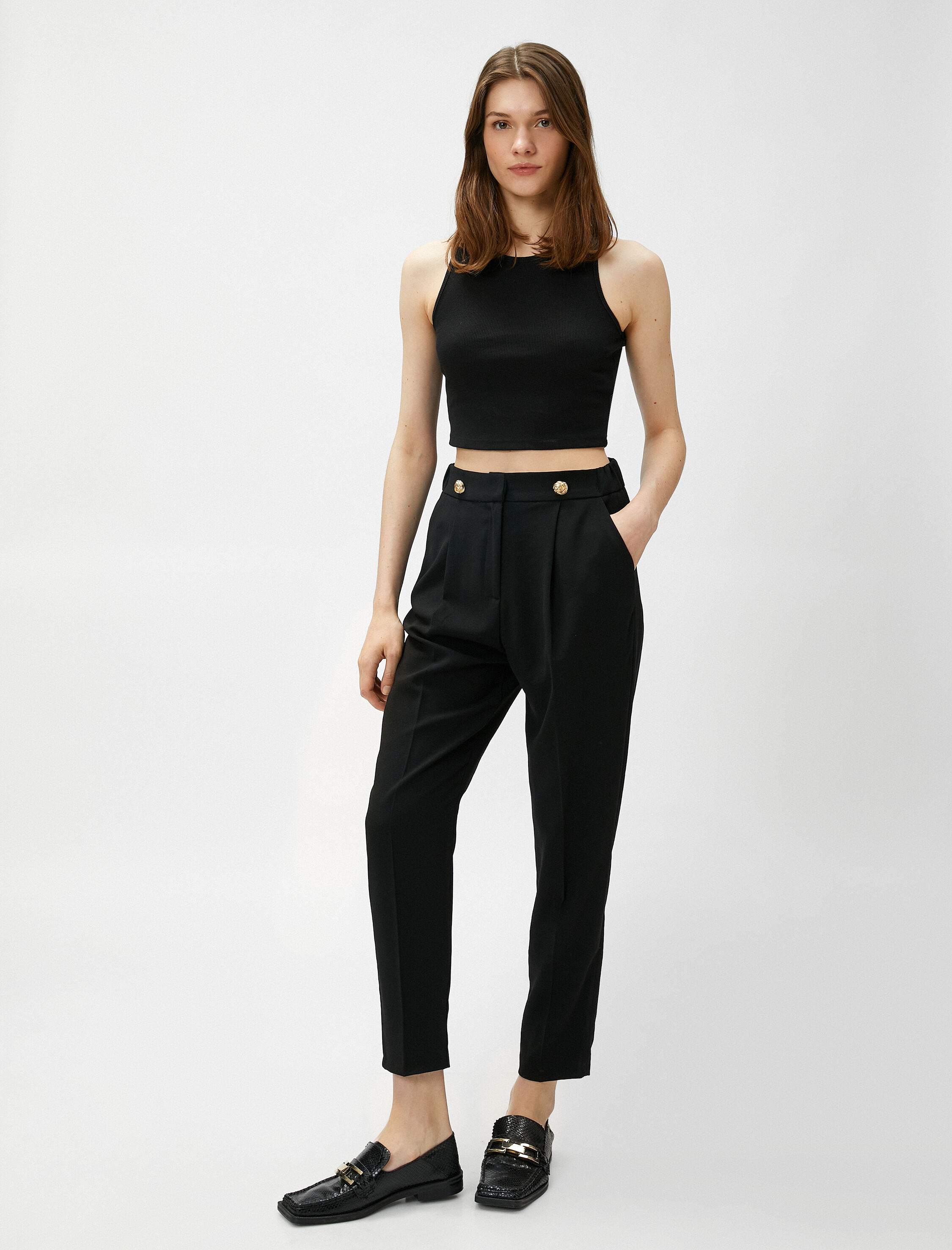 Yüksek Bel Kumaş Pantolon Düğme Detaylı