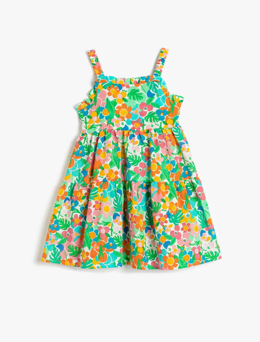  Kız Bebek Elbise Çiçekli Fırfırlı Askılı Arkası Pencere Detaylı